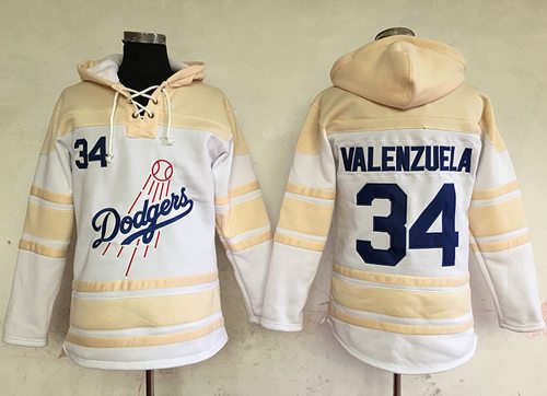 Dodgers #34 Fernando Valenzuela White Sawyer Hooded Sweatshirt MLB Hoodie - Click Image to Close